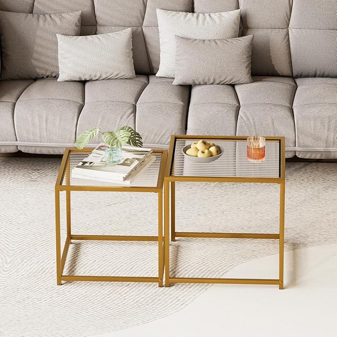 VILAWLENCE Coffee Table Set of 2, Modern Gold Patterned Glass Side Table, Metal Frame Square End Table, Center Tables Nesting Coffee Table for Living Room,Bedroom and Small Spaces