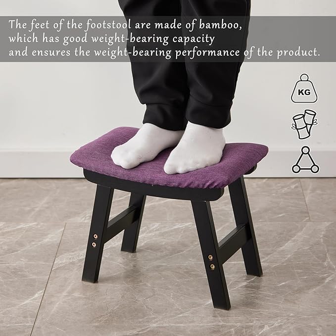 Foot Stool,Ottoman,Bamboo Small Sofa Foot Rest Under Desk,Extra Seating for Living Room, Bedroom and Kitchen (Black Stool Legs - Purple Surface)