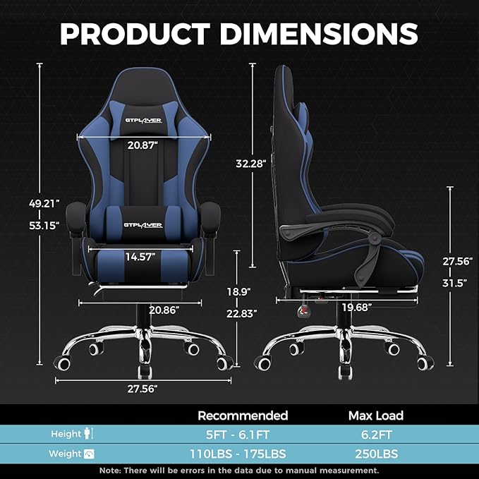 GTPLAYER Gaming Chair, Computer Chair with Footrest and Lumbar Support, Height Adjustable Game Chair with 360°-Swivel Seat and Headrest and for Office or Gaming (Blue, Fabric)