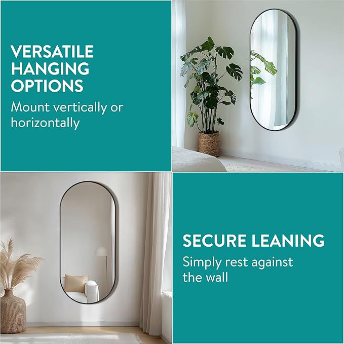 Navaris Full Length Arch Mirror, Black - Large Size for Complete Reflection - Mirrors for Bedroom, Living Room, Bathroom or Hallway - Wall Hanging or Free Standing on Floor Option