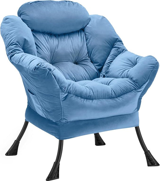 Lazy Chair Thick Padded, Comfy Velvet Accent Lounge Chair with Stable Frame, Leisure Sofa Armchair with Armrests and Side Pocket, Reading Chair for Bedroom, Living Room, Office, Light Blue