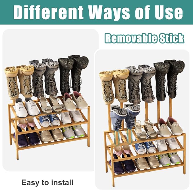 Boot Rack with Shoe Rack, Boot Rack Organizer Tall Boots for Closet, Bamboo Wood Shoe Shelf Storage Organizer for Entryway Small Space