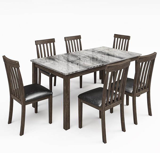 7-Piece Dining Table Set, 71" Faux Marble Kitchen Table with 6 Chairs, Solid Wood Curved Backrests & PU Cushioned Seats, Kitchen Table Chairs Set for Living Room, Dining Room