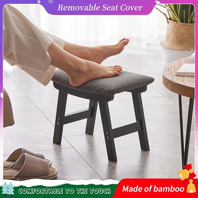 Foot Stool,Ottoman,Bamboo Small Sofa Foot Rest Under Desk,Extra Seating for Living Room, Bedroom and Kitchen (Black Stool Legs - Gray Surface)