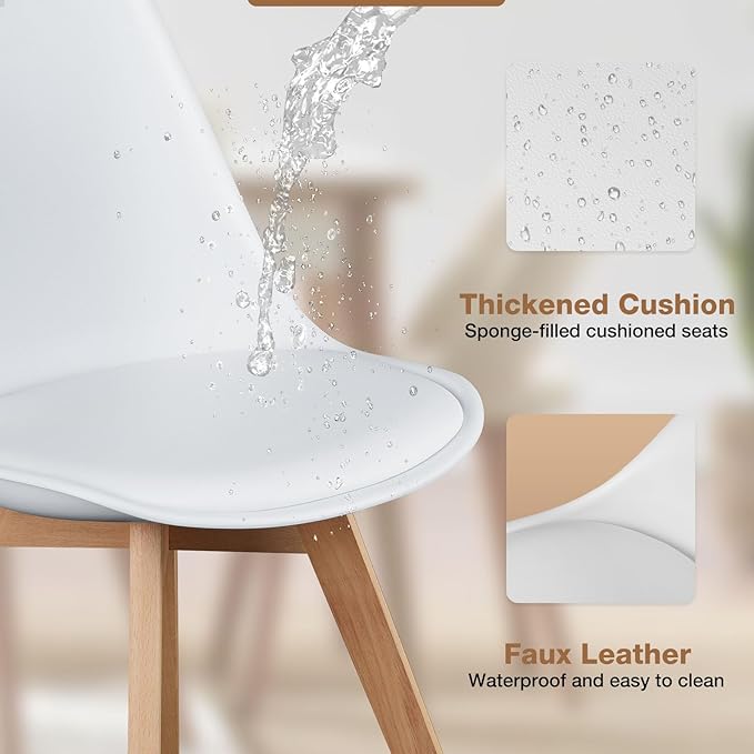 OLIXIS Set of 4 Dining Kitchen Mid-Century Modern Chairs with Wood Legs and PU Leather Cushion for Living Room Bedroom Outdoor Lounge, White
