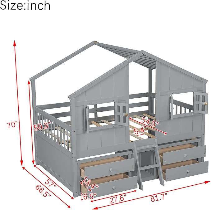 KEIKI Full Size Wooden House-Shaped Loft Bed with Roof, Windows, 4 Storage Drawers, Guardrail, Ladder, for Boys and Girls, Loft Bed with Slats, Easy Assembly, No Box Spring Required, for Bedroom, Grey