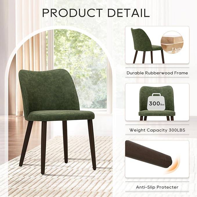 COLAMY Upholstered Dining Chairs Set of 2, Modern PU Leather Dining Room Kitchen Side Chair with Padded Seat and Wood Legs Restaurant/Cafe, Green