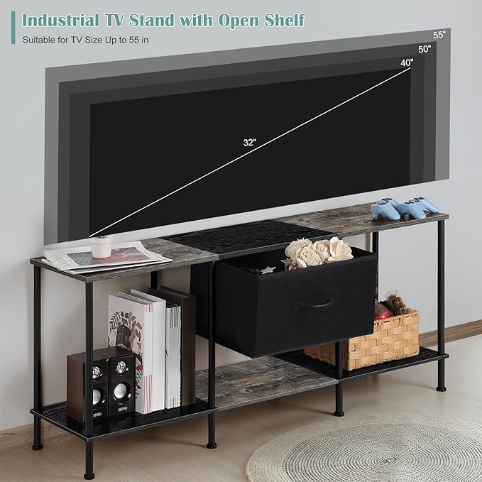 Vrisa TV Stand for 50/55 inch Television Entertainment Center with Storage Fabric Cabinet and Shelves Modern TV Console for Living Room Bedroom, Black+Grey