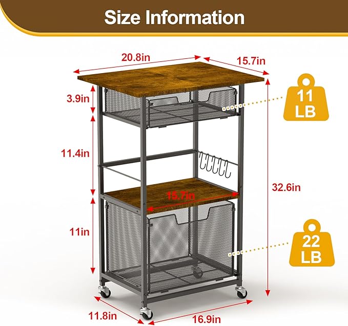 Microwave Stand with Drawers & Hooks,3-Tier Rolling Kitchen Cart for Small Spaces, Multifunctional Storage Organizer with Lockable Wheels Rustproof(Black +Vintage, 20.8 * 15.7 * 32.6inch)