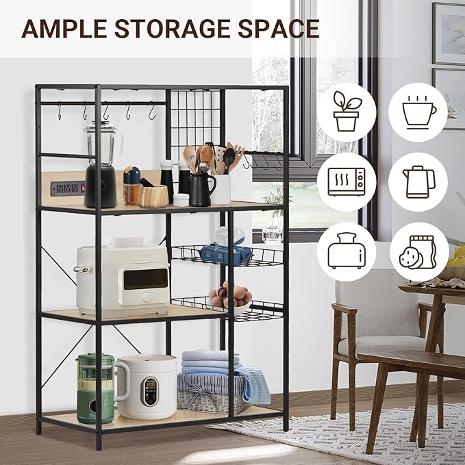 Bakers Rack with Power Outlet, Microwave Stand with Storage, Coffee Bar Organizer Cabinet with Wire Basket, Kitchen Shelf for Spices, 10 Hooks, Industrial, White Maple