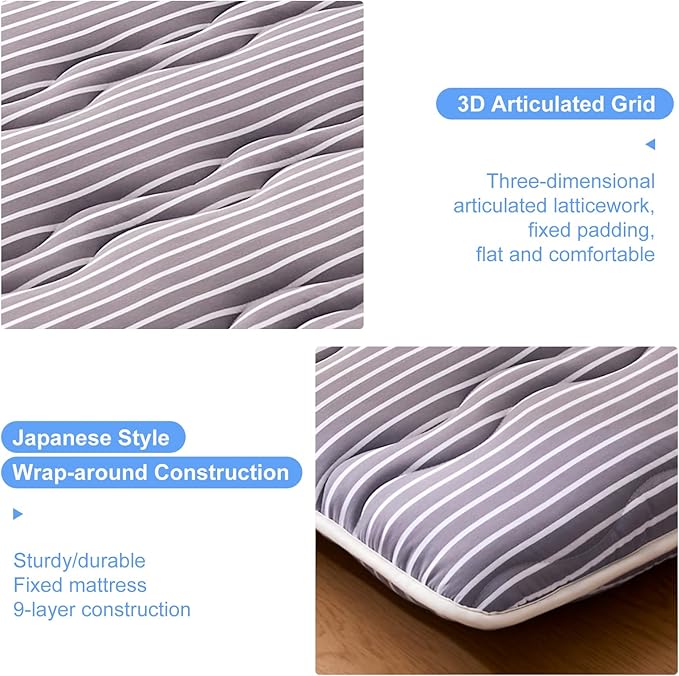Japanese Floor Mattress, Futon Mattress Foldable, 100% High-Density Premium Foam, Thicken Tatami Mat Portable Dormitory Sleeping Pad, Small Single Size 75" X 25", Grey Stripes