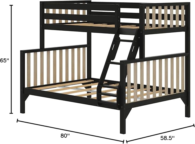 Max & Lily Bunk Bed, Scandinavian Modern Bunk Bed, Solid Wood Twin Over Full Bed Frame for Kids, No Box Spring Needed, Black/Blonde