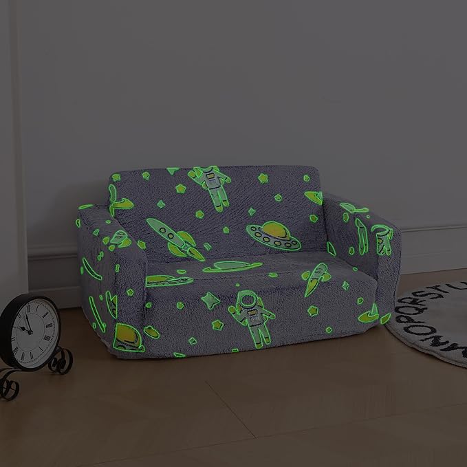 Foldable Kids Sofa,Soft Kids Fold Out Couch Glow in The Dark,Convertible Sofa to Lounger Toddler Sofa Chair(Space