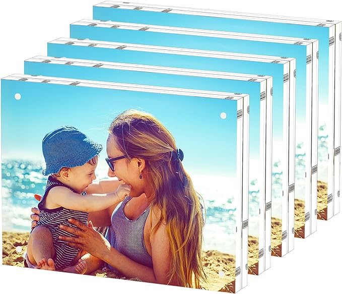 HELPLEX 5 Pack 8.5x11 Acrylic Picture Frames, 24mm Thicker Frameless Clear Frame Double Sided Magnetic Frame, Free Standing Desktop Display Stand
