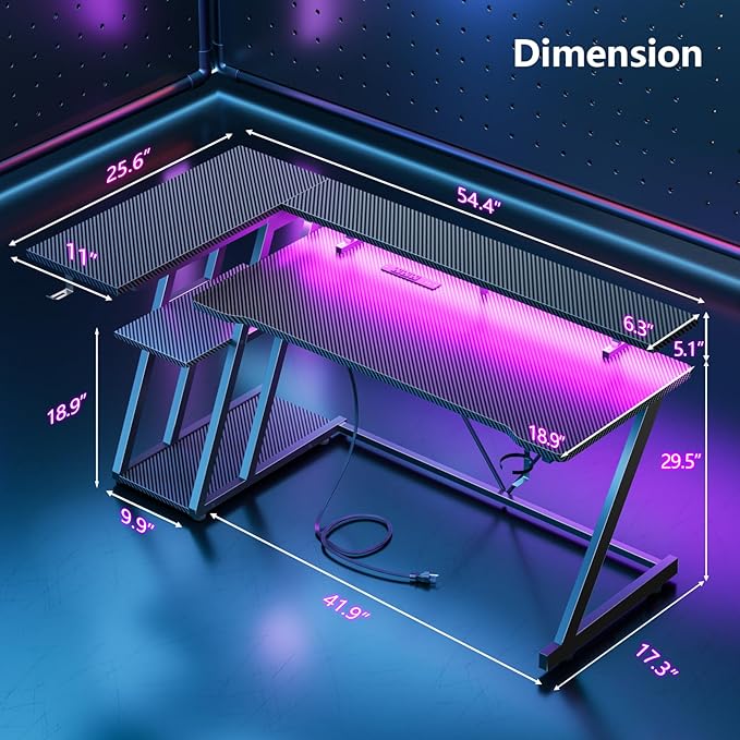 55 Inch Gaming Desk with Power Outlet & LED Lights, L Shaped Gamer Computer Table with Storage Shelves for Bedroom, Corner Home Office Desk, Carbon Fiber Black