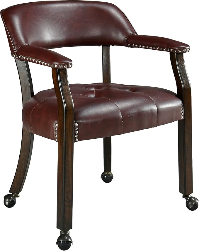 LEEMTORIG Dining Chairs with Casters and Arm, Large Rolling Dining Chairs with Wheel, Poker Table Chairs, Boss Caption's Chairs, 26"D x 25.2"W x 31.5"H, Espresso Legs & Wine Red Brown PU, XXY-1910-WR