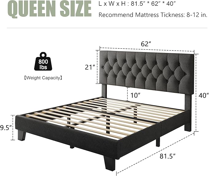 Feonase Queen Platform Bed Frame with Button Tufted Headboard, Upholstered Linen Bed with Wooden Slats Support, No Box Spring Needed, Easy Assembly, Noise-Free, Dark Grey