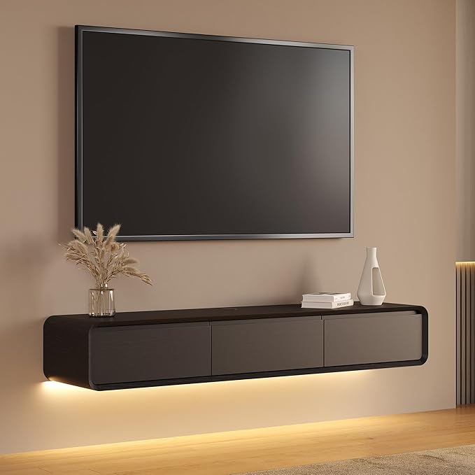 Minimalist Floating TV Stand with LED Lights, Modern Wall-Mounted Media Console with 3 Flip-Down Cabinet Doors for 55 Inch TV, Fully-Assembled, Black Oak, 63"