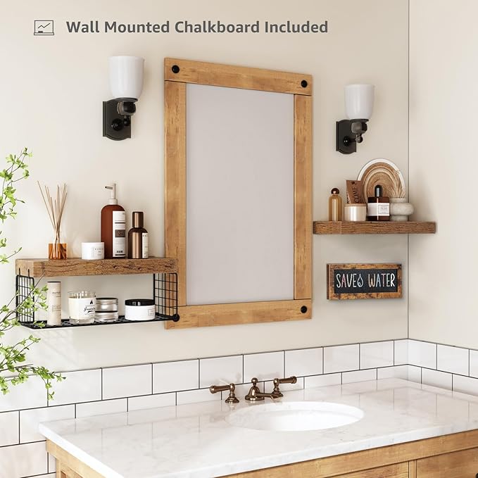 QEEIG Bathroom Shelves Over Toilet - Paper Storage Wall Mounted Farmhouse Decor Decorations Chalkboard Small Floating Shelf 2+1 Set 16 inch, Rustic Brown (021BN)