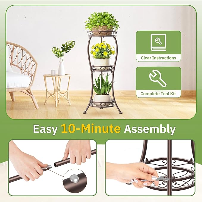 KMOTASUO 3 Tier Tall Plant Stand Indoor Outdoor for Large Planter, Multiple Level Flower Holder Organizer Rack for Patio Office Bathroom Corner, Sturdy Heavy Duty Metal, Vertical Display, Bronze