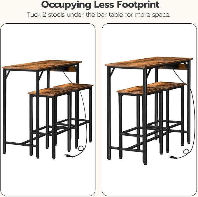 HOOBRO Bar Table and Chairs Set, 39.4" Dining Table Set with Power Outlet, 3-Piece Pub Table Set, Kitchen Bar Height Table with Stools of 2, Space Saving for Living Room, Rustic Brown BF45UBT01