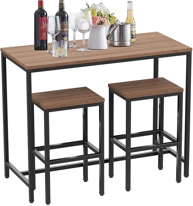 Aklaus Bar Table and Chairs Set 44" Dining Table Set Pub Bar Table with 2 Stools 3-Piece Kitchen Breakfast Table Set for Living Room Dining Room Sturdy Metal FrameBrown