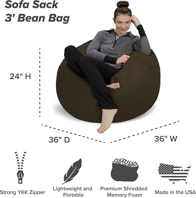 Sofa Sack Bean Bag Chair - Plush, Ultra Soft - Memory Foam Bean Bag Chair with Microsuede Cover - Stuffed Foam Filled Furniture and Accessories for Dorm Room 3 Feet - Olive