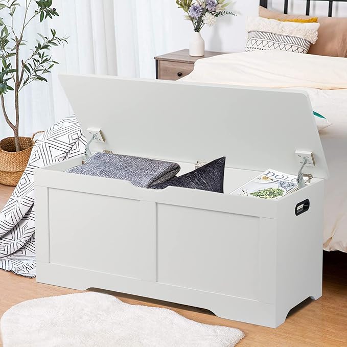 39.4" Storage Chest, Wooden Storage Bench, Lift Top Toy Chest with 2 Safety Hinges, Large Toy Box, Entryway Bench for Living Room, Bedroom, White