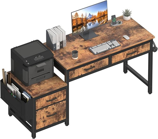 Lufeiya Computer Desk with Fabric File Drawers Cabinet, 57 Inch Home Office Desks with Filing Cabinet Printer Stand for Small Space, Study Writing Table PC Desks for Bedroom, Brown