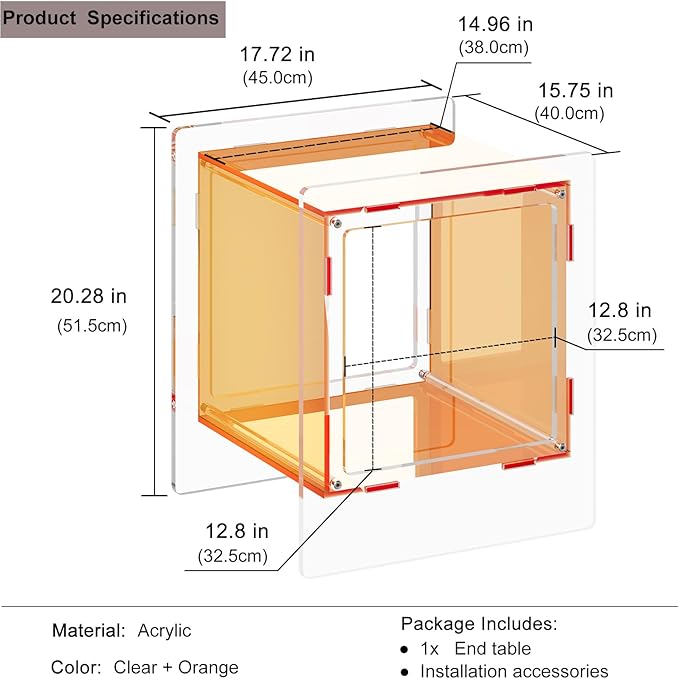 Acrylic End Table, Side Table Nightstand with Open Storage Shelf, 2-Tier Bedside Table Home Decor Display for Bedroom, Living Room, Office (1, Orange)