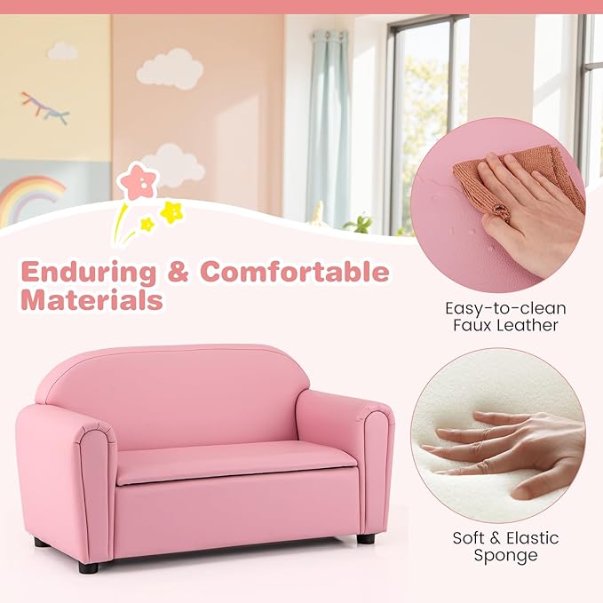 Costzon Kids Couch, 2 in 1 Double Seat Children's Sofa w/Under Seat Storage, PU Leather Surface, Toddler Armrest Chair, Kids Room, Soft Children Pink Sofa with Storage for Preschool Baby Girls Gifts