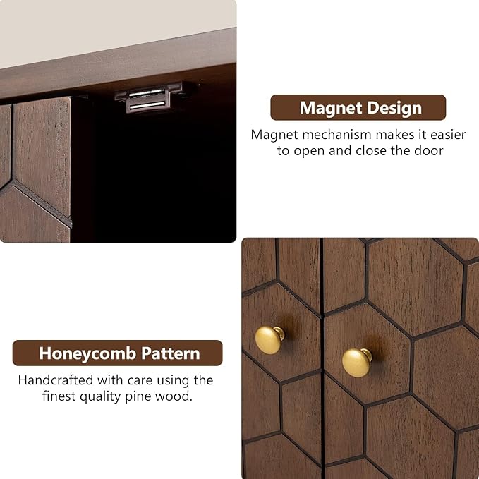 COSIEST 32" Storage Sideboard with Doors, Adjustable Shelf, Decorative Modern Accent Furniture for Living Room, Entryway, Kitchen (Brown, Honeycomb Pattern)