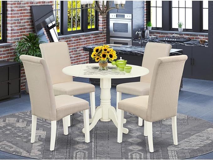 East West Furniture DLBA5-WHI-01 5 Piece Dining Table Set for 4 Includes a Round Kitchen Table with Dropleaf and 4 Cream Linen Fabric Parson Dining Chairs, 42x42 Inch, Linen White
