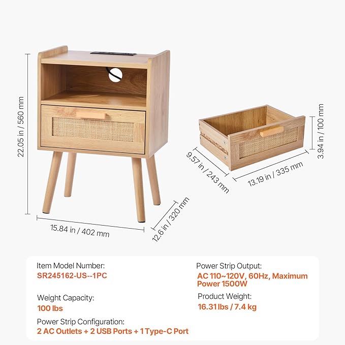 VEVOR Rattan Nightstand, Boho Bedside Table with Drawer Open Shelf, End Table Wooden Nightstand with Solid Wood Legs, Rattan Side Table with Charging Station, for Bedroom