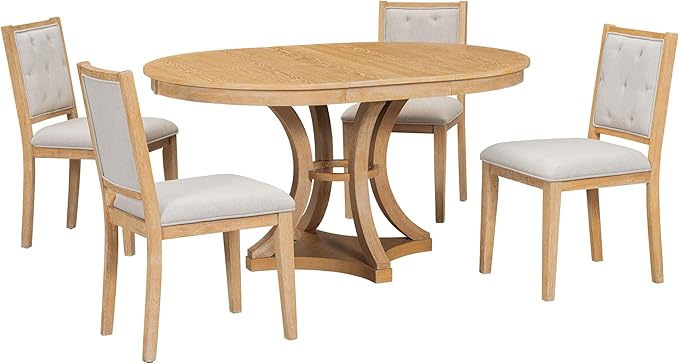 Ball & Cast Retro Dining Table Set for 4 with 4 Upholstered Chairs,5-Piece Wooden Living Room Furniture W/ 42" Round Extendable Kitchen Desk,for Small Space,Apartment,Dining Room,Natural