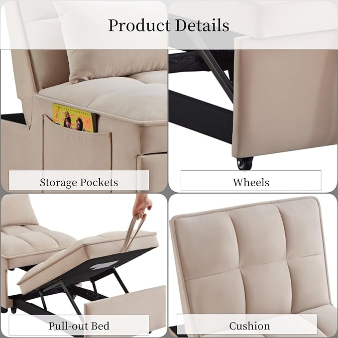 KEIKI Velvet Single Convertible Sleeper Chair Sofa Bed with Adjustable Backrest, Pillows & Storage Pockets, 3 in 1 Pull-Out Couch Chaise Lounge Recliner for Living Room Balcony Bedroom, Taupe