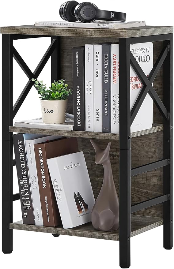 Small Bookcase,3 Tier Industrial Bookshelf with Metal Frame and Backboard,Low Grey Book Shelf,Book case for Small Spaces,Living Room,Bedroom and Home Office