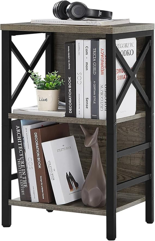 Small Bookcase,3 Tier Industrial Bookshelf with Metal Frame and Backboard,Low Grey Book Shelf,Book case for Small Spaces,Living Room,Bedroom and Home Office
