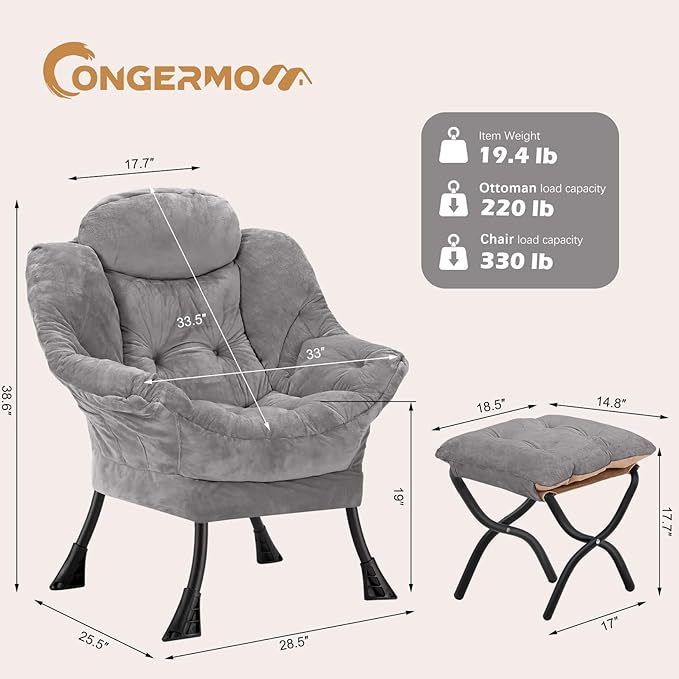 Lazy Chair with Folding Ottoman,Leisure Sofa Chair,Soft Fabric Armchair with Armrests and Side Pockets, Reading Chair with Footrest for Living Room, Bedroom, Office (Plush Light Grey)