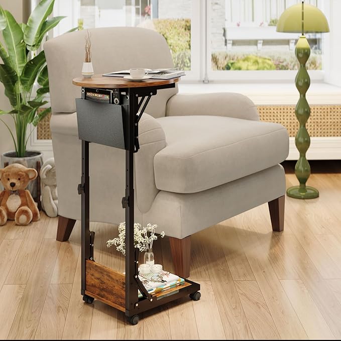 Folding C Shaped End Table, Small Side Table with Storage Bag for Sofa, Couch Table with Wheels, TV Tray Table for Living Room, Bedroom, Rustic Brown