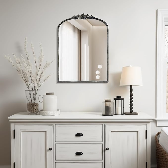 WallBeyond Gold Vintage Mirror for Vanity 22x30 Inch, Black Antique Mirror with Ornate Frame, Arched Vintage Wall Mirror for Bathroom, Living Room, Fireplace, Entryway