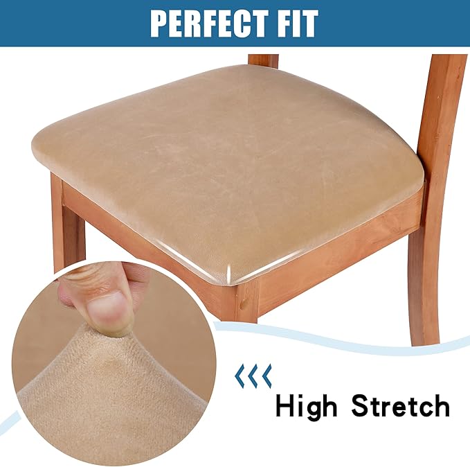 Smiry Velvet Seat Covers for Dining Room Chair Set of 6, Stretch Fit Removable Washable Chair Seat Cushion Protector Slipcovers with Ties, Beige