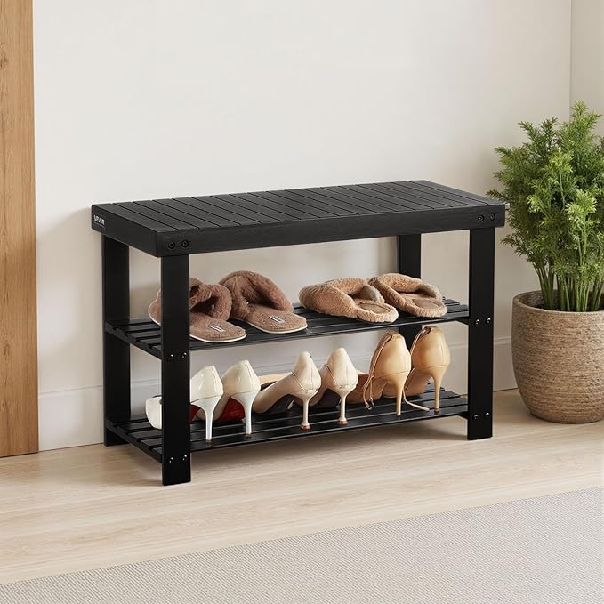 VEVOR Shoe Rack Bench, 3-Tier Bamboo Entryway Bench, Shoe Storage Organizer Holds Up to 286 lbs, 27.6 x 11.3 x 17.8 Inches, for Front Door, Hallway, Living Room, Bedroom, Black