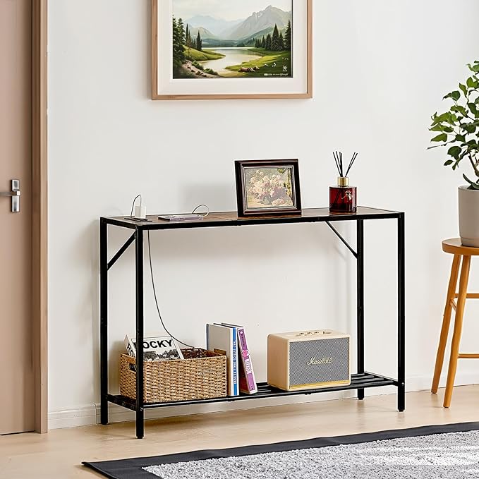VEVOR Narrow Console Table, 41.7" Behind Couch Shelf with Power Outlets, 2-Tier Long Entryway Shelf, Sofa Table with Metal Frame and Charge Station, for Entryway, Hallway, Living Room