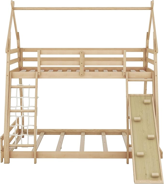 Twin Over Queen House Bunk Bed with Climbing Nets and Climbing Ramp for Kids Teens Boys Girls,Solid Wood Bunk Bed Frame with Safety Guardrails,Playful Design,Natural