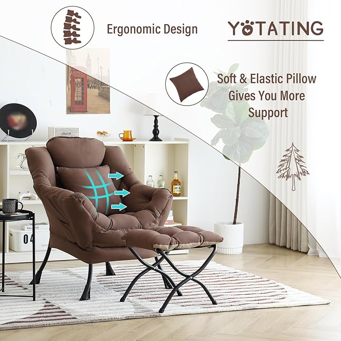 Lazy Chair with Ottoman, Comfy Reading Chair with Footstool & Pillow Modern Lounge Chair with Armrests & Side Pocket for Living Room, Bedroom, Dorm Room，Dark Brown