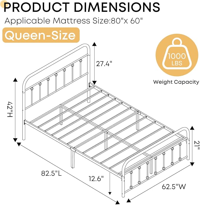 Queen Bed Frame-Classic Metal Platform Bed Frame Mattress Foundation with Victorian Style Iron-Art Headboard/Footboard/Storage Space/No Box Spring Needed/Black
