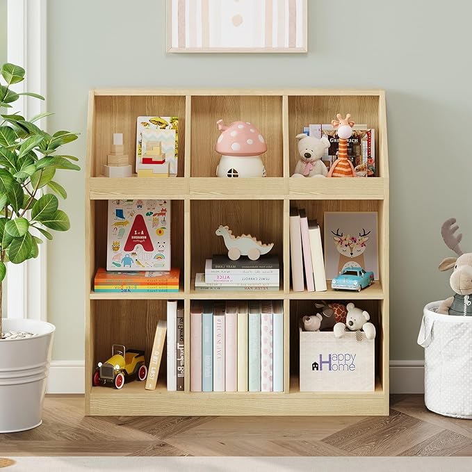 9-Cube Wooden Storage Bookcase - 11-Inch Open Shelf Cabinet, Simple Modern Bookshelf Organizer for Home Office, Living Room, Oak