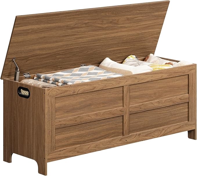Storage Chest, 47.2” Large Toy Chest, Entryway Storage Trunk, Storage Bench with Safety Hinge, Entrance Bench for Living Room, Entrance, Bedroom, Honey Brown SCOR48901