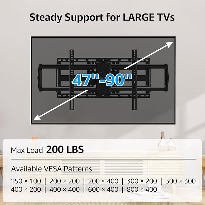 MOUNTUP Heavy Duty TV Wall Mount for 47-90 inch Large TVs, Holds 200 lbs, Full Motion TV Mount with Articulating Extension, Swivel & Tilt, Preassembled, Max VESA 800x400mm, Fits 16-24" Studs, MU0015